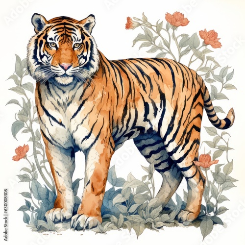 Watercolor illustration realistic of a fullbody tiger and flowers on white background.