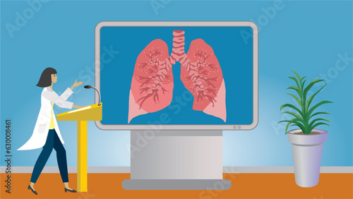 Woman in lecture about lungs, pulmonis, pulmonar diseases. Gesturing and standing in front of big modern screen for education. Dimension 16:9. Vector illustration.