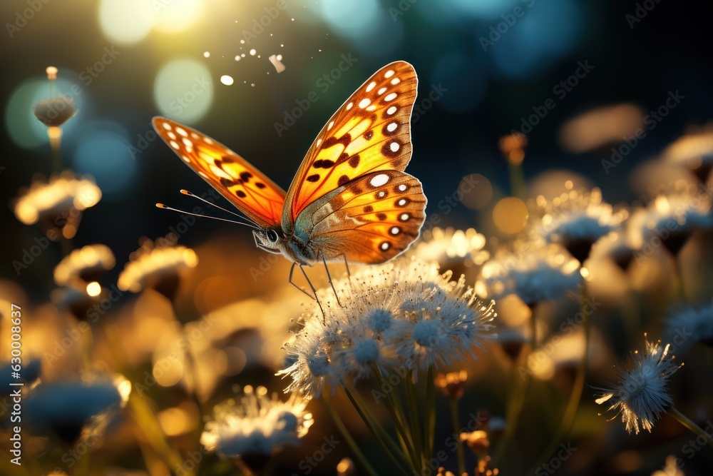 Sunny summer nature background with flying butterflies and wild flowers on forest glade grass with sunlight and bokeh. Sunny summer nature background with flying butterflies and wild flowers on forest glade grass with sunlight and bokeh.