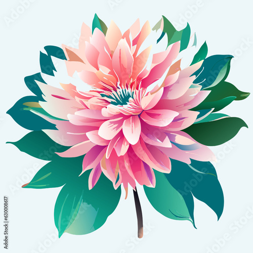 Vector illustration of a pink dahlia flower with green leaves.