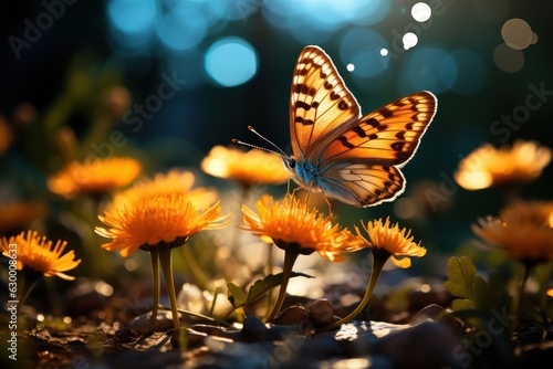 Sunny summer nature background with flying butterflies and wild flowers on forest glade grass with sunlight and bokeh.