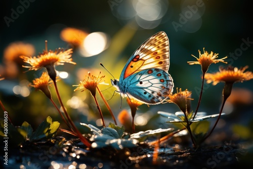 Sunny summer nature background with flying butterflies and wild flowers on forest glade grass with sunlight and bokeh.