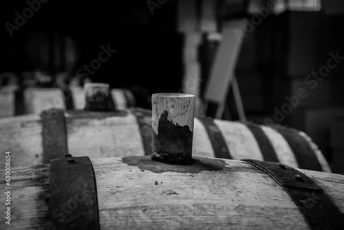 Monochrome of barrels in a wine cellar