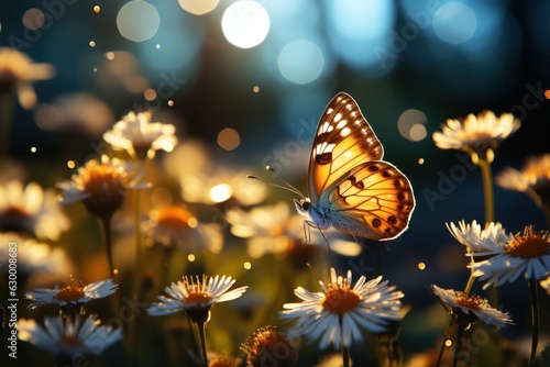 Sunny summer nature background with flying butterflies and wild flowers on forest glade grass with sunlight and bokeh.