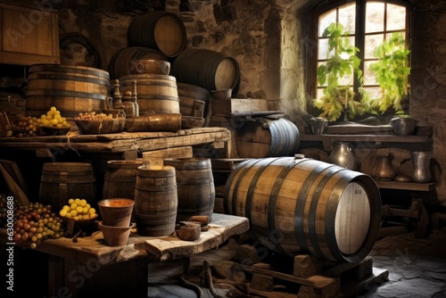 oak barrels aging wine in a rustic cellar
