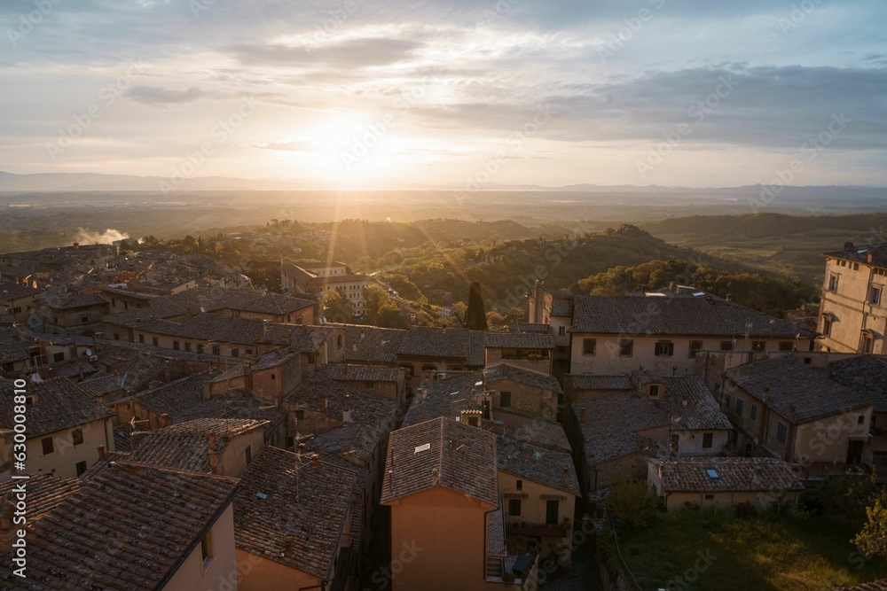 Scenic horizontal view of Montepulciano during sunset, Italy