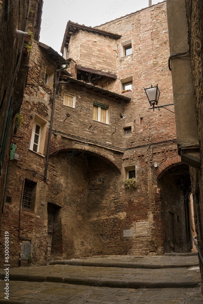 Scenic view of a street with brown buildings in Siena, Italy