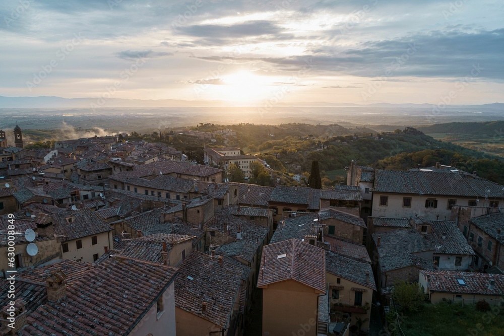 Aerial view of the picturesque town of Montepulciano during sunset