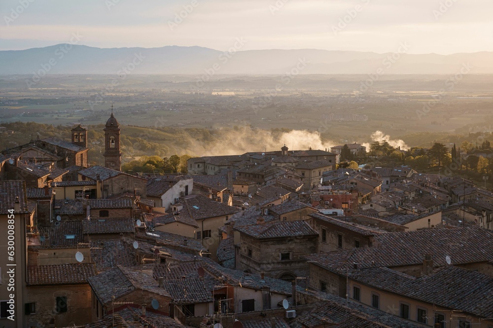 Picturesque view of the old buildings of Montepulciano during sunset