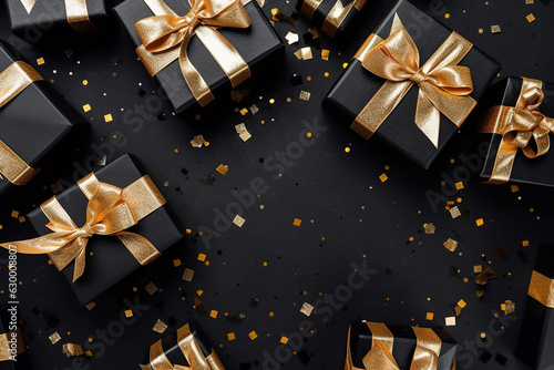 Black Gift Boxes with Black Ribbon Bow Tag and Golden Confetti - Created with Generative AI Tools © ThePixelCraft