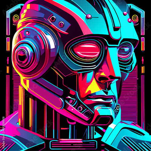 Vector illustration of a futuristic robot head in the style of pop art.