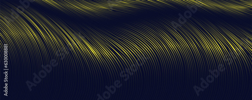 Navy blue abstract background with halftone golden lines delicate pattern. Small light spot box. Curve line, cosmic galaxy space. Festive BG for social media, birthday party invitation.