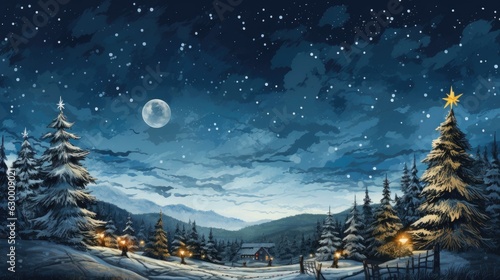 Fir trees in the mountains at night. Winter landscape. Christmas background.