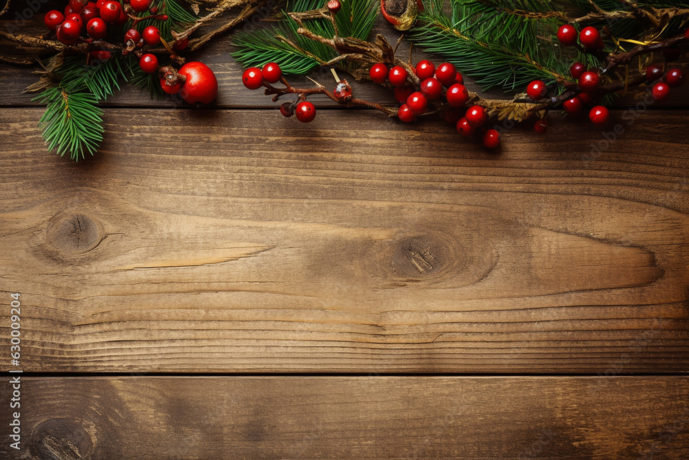 New Year Brown Wooden Background with Green Tree and Red Berries - Created with Generative AI Tools New Year Brown Wooden Background with Green Tree and Red Berries - Created with Generative AI Tools
