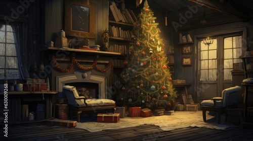 Christmas tree and fireplace in the old wooden house. © TheoTheWizard