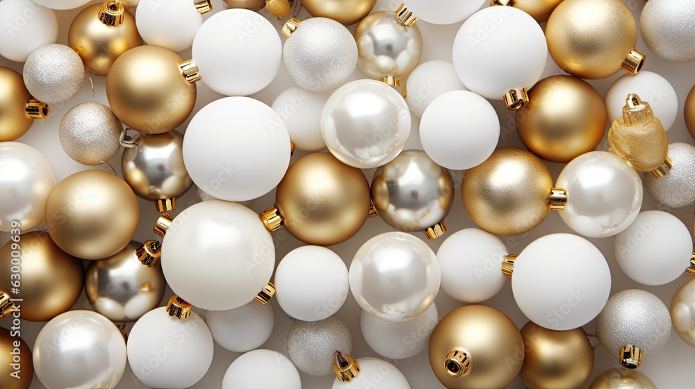 white and gold Christmas balls with bokeh background. space for text. Christmas background white and gold Christmas balls with bokeh background. space for text. Christmas background