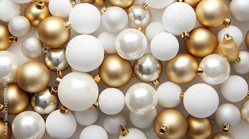 white and gold Christmas balls with bokeh background. space for text. Christmas background