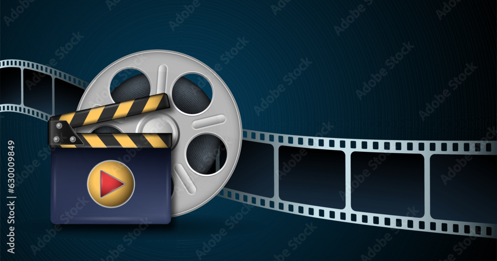 3d rotation reel, clapper board and film strip isolated on blue background. 3d icons movie equipment for film industry. Movie art template with cinema design elements for festival, banner, poster.