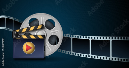 3d rotation reel, clapper board and film strip isolated on blue background. 3d icons movie equipment for film industry. Movie art template with cinema design elements for festival, banner, poster.