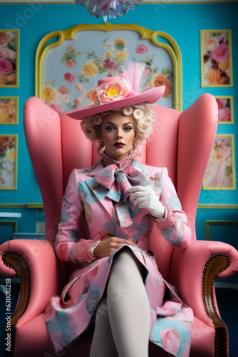 Portrait of a young woman, sitting in armchair, in colorfull mad hatter clothes, drinkig her tea. Fashion, costume, party, cosplay concept. AI generative, illustration.