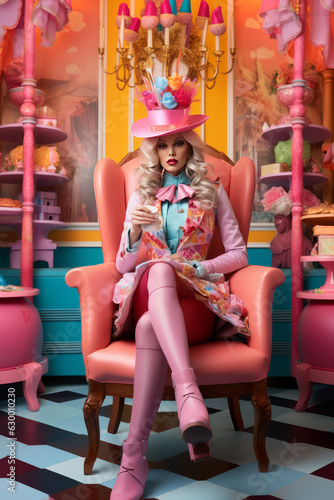 Portrait of a young woman, sitting in armchair, in colorfull mad hatter clothes, drinkig her tea. Fashion, costume, party, cosplay concept. AI generative, illustration. photo