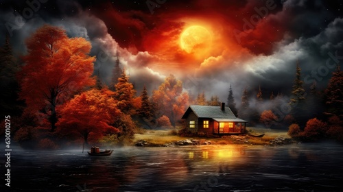 Fantasy landscape with house on the bank of a mountain river. Full moon. Bloody moonlight. Halloween card.