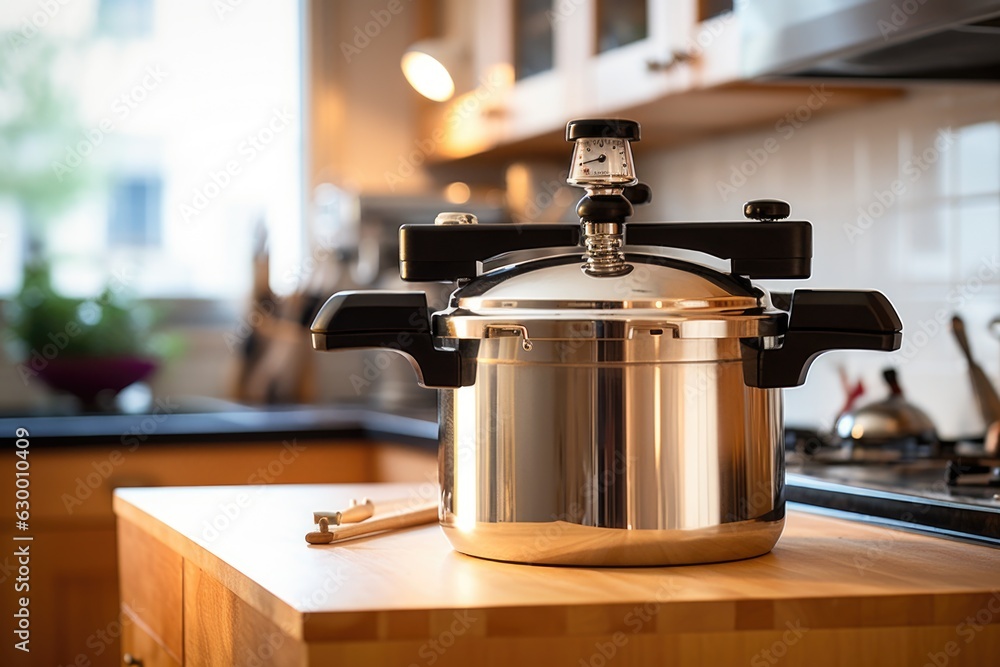 close-up of pressure cooker on kitchen counter