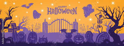 Halloween graveyard fence silhouette background, vector spooky cartoon cemetery landscape, pumpkin. Horror tree tombstone gate, cute flying ghost creepy skeleton monster. Halloween graveyard panorama