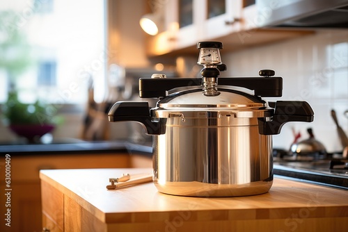 close-up of pressure cooker on kitchen counter photo