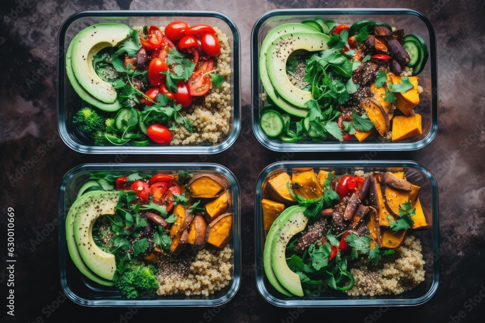 vegan meal prep bowls with quinoa, veggies, and avocado vegan meal prep bowls with quinoa, veggies, and avocado