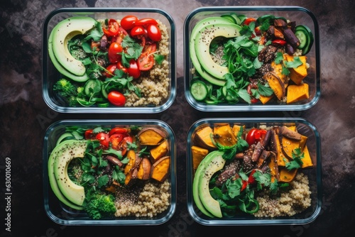 vegan meal prep bowls with quinoa, veggies, and avocado