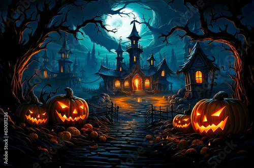 Halloween pumpkins and Castle spooky in night