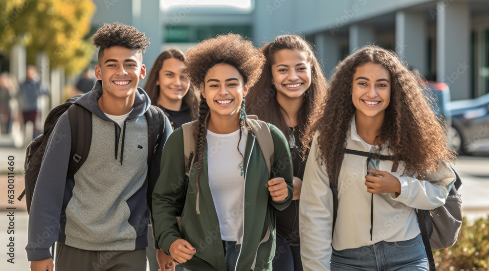 A diverse group of students, wearing backpacks and smiling, as they walk together towards a school building, symbolizing the excitement of returning to school. Generative Ai A diverse group of students, wearing backpacks and smiling, as they walk together towards a school building, symbolizing the excitement of returning to school. Generative Ai