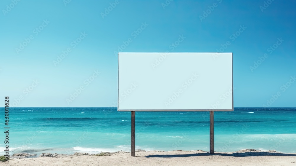 This tranquil beach setting features a blank white billboard positioned with the stunning sea as the background This tranquil beach setting features a blank white billboard positioned with the stunning sea as the background