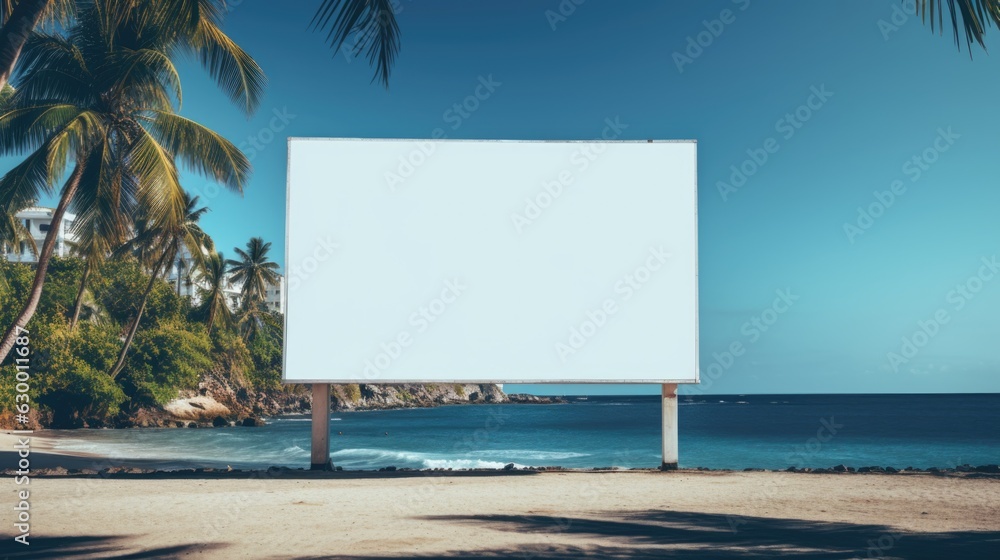 The sandy beach and beautiful sea provide the perfect backdrop for a blank white billboard The sandy beach and beautiful sea provide the perfect backdrop for a blank white billboard