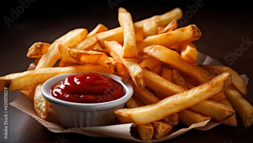 French fries with ketchup on wooden table