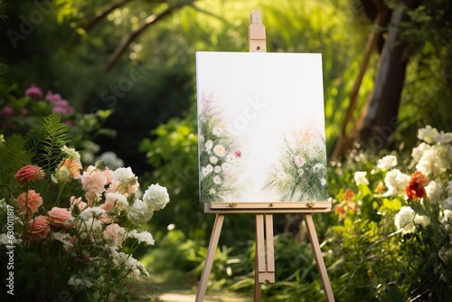 Print op canvas white blank easel with a garden background for the wedding reception mockup