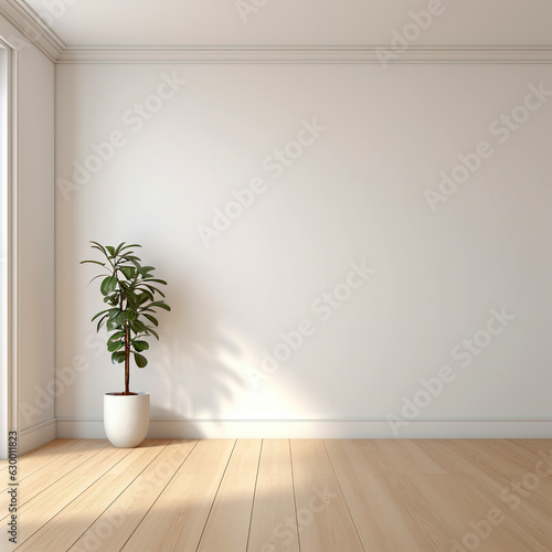 An empty white room with a wooden floor and a potted plant