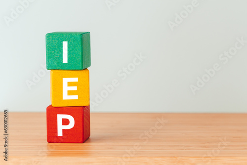 IEP program, Individual education plan, Business concept, copy space, Text on natural wooden blocks, close up photo