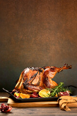 Thanksgiving turkey ready to eat, gastronomy banner or leaflet mockup with copy space for a text