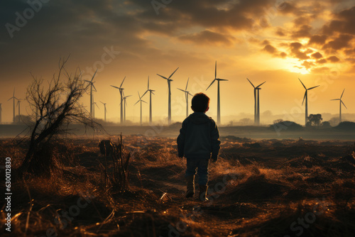 A child standing in a field with windmills in the background