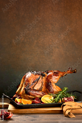 Thanksgiving turkey ready to eat, gastronomy banner or leaflet mockup with copy space for a text