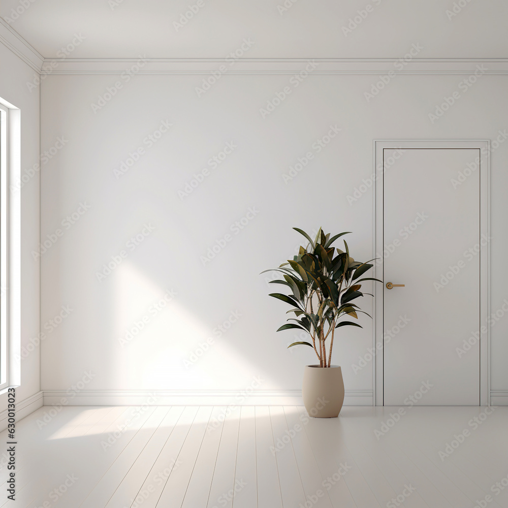 An empty white room with a wooden floor and a potted plant An empty white room with a wooden floor and a potted plant