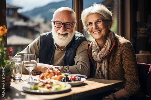 Old couple having romantic date on a restaurant