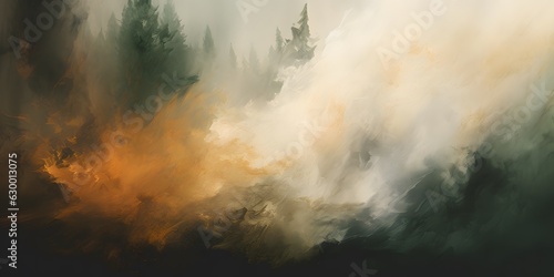 Abstract oil painting of a cream and beige dust colored paint colliding with a dark forest green paint gradient in the bottom of the image, heavy brushstrokes
