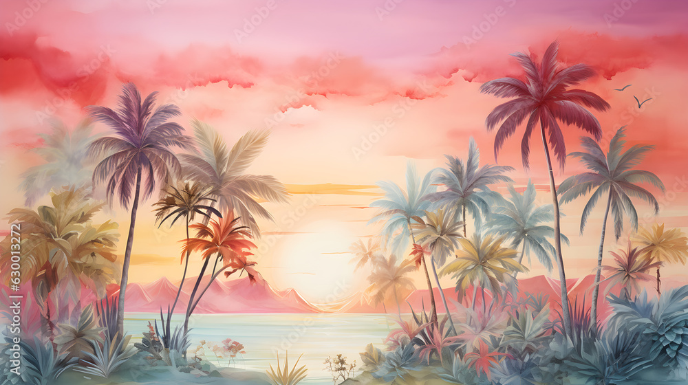 Obraz premium Tall tropical trees in morning sunrise colors, wall mural painted art, watercolor art style wallpaper background.