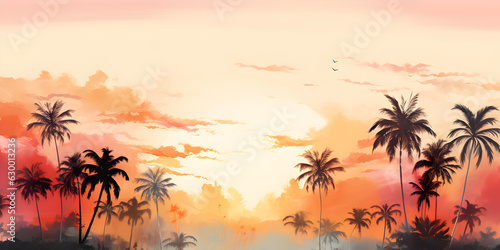 Tall tropical trees in morning sunrise colors, wall mural painted art, watercolor art style wallpaper background.