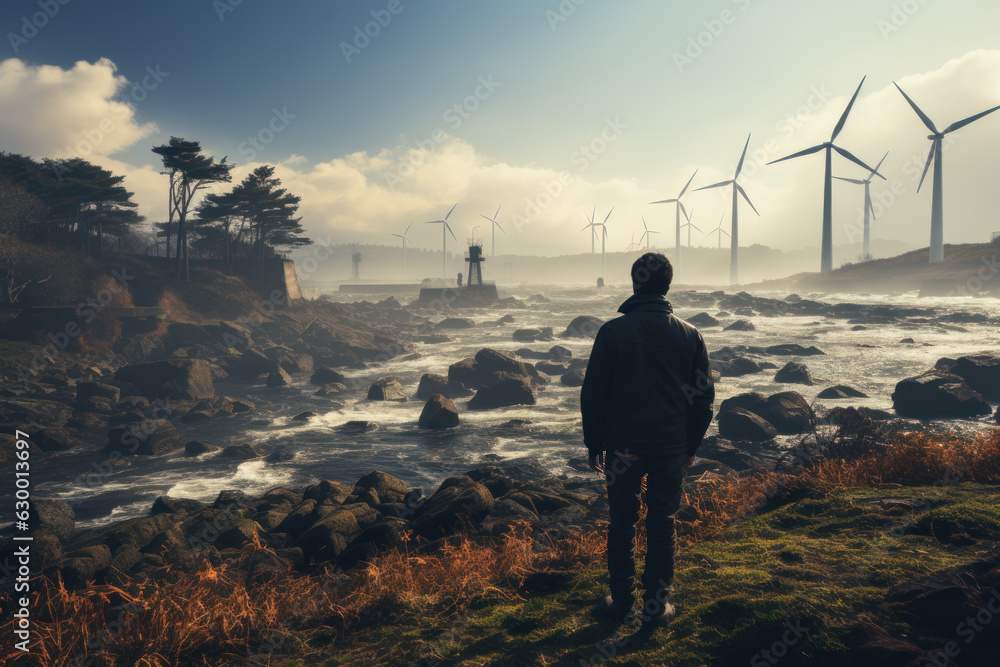 Pensive man surveying wind turbines by the water Pensive man surveying wind turbines by the water