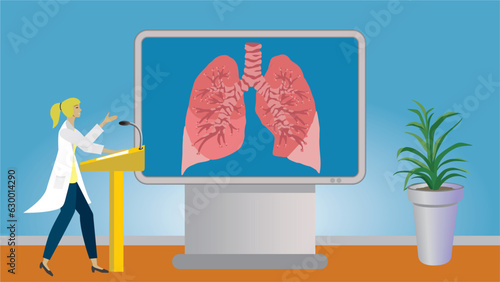 Woman in lecture about lungs, pulmonis, pulmonar diseases. Gesturing and standing in front of big modern screen for education. Dimension 16:9. Vector illustration.