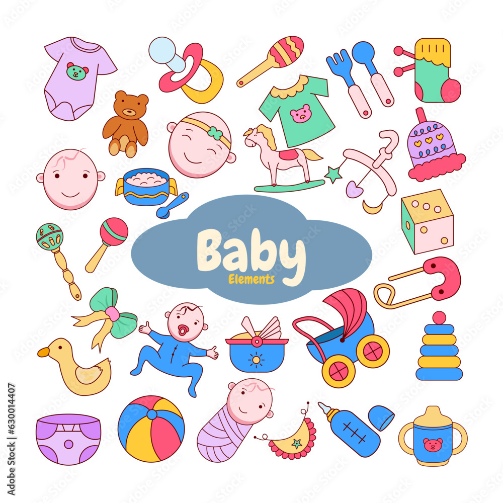 Fototapeta premium Baby furniture and clothes. Nursery elements, animal toys, decor, cradles, rattles and newborn, Vector Illustration